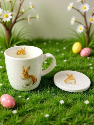 Bunny Rabbit Coffee Mug & Coaster KENT POTTERY  Tea Cup, Coaster, & Lid 8 oz NEW