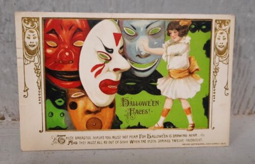 Vtg 1913 Halloween Faces Girl Masks Poem Postcard John Winsch Embossed Germany - Foto 1 di 2
