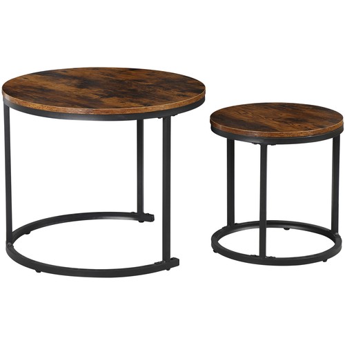 Set of 2 Nesting Coffee Table Round End Side Table for Small Spaces Rustic Brown - Picture 22 of 24