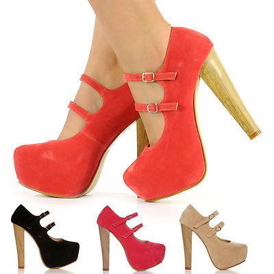 NEW DOUBLE STRAP SUEDE SHOES WOMENS WOODEN THICK HIGH HEEL PLATFORM LADIES