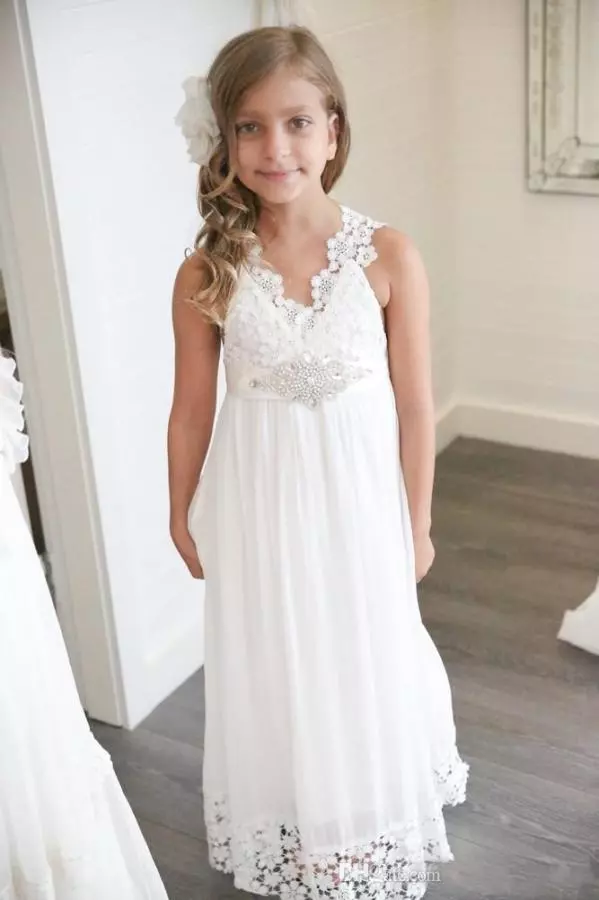 2021 White Boho chiffon V Neck Girls Pageant Dress Formal Flower Girls Dresses