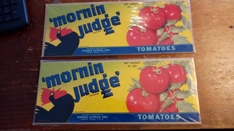 Original Mornin' Judge Donna,Texas Tomato Crate Labels NOT A COPY! Rooster Crows