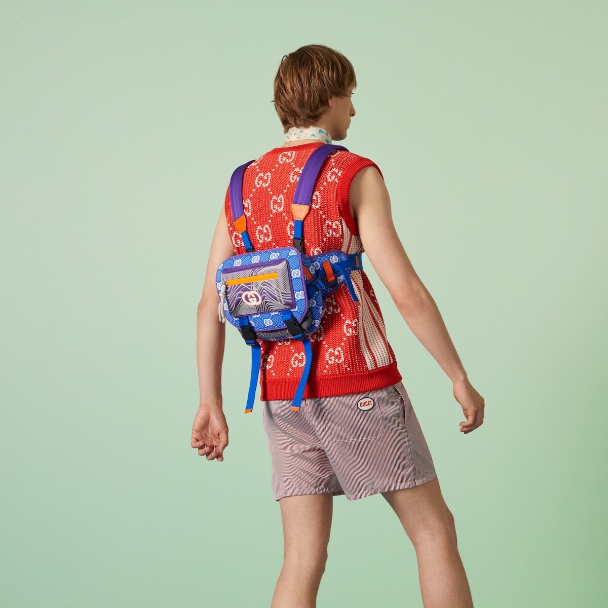 Gucci Nylon Backpack Ripstop GG Allover Blue Orange Jersey size 90