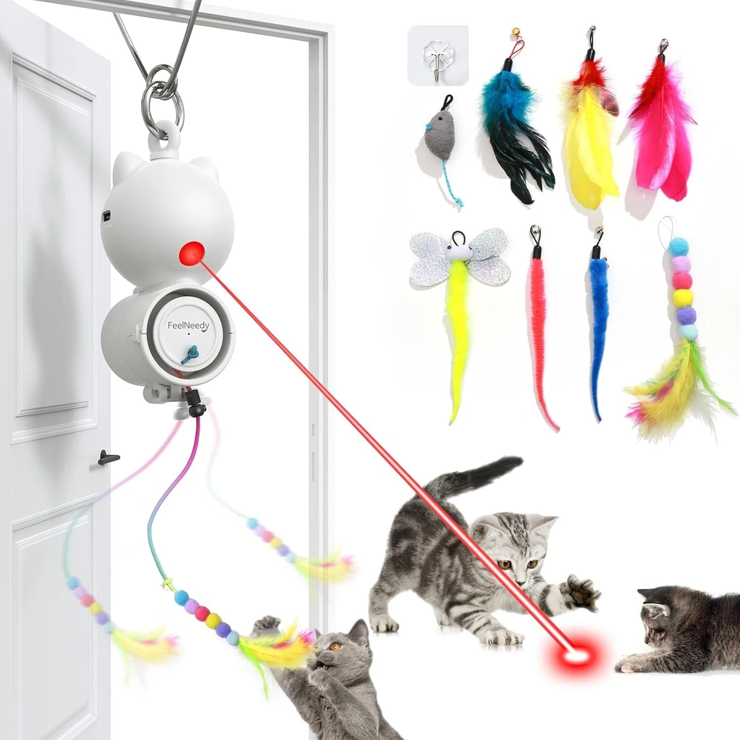 FEELNEEDY Interactive Cat Toys, LED Light, 8 PCS Replacement Teaser with Bell Re