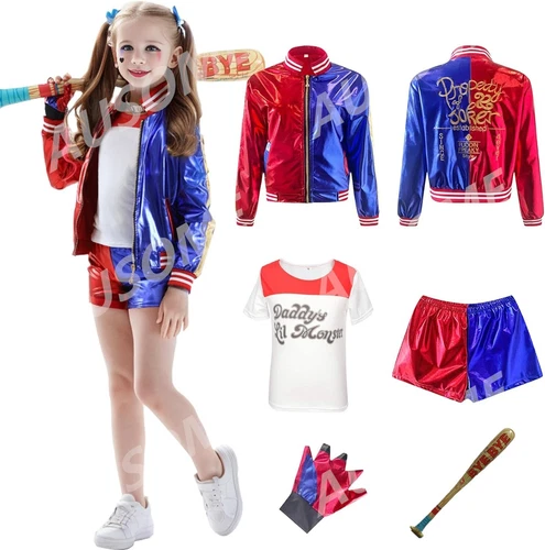 Book Week Harley Quinn Kids Jacket Shorts Costume Outfit & Baseball Bat Cosplay - Picture 14 of 25