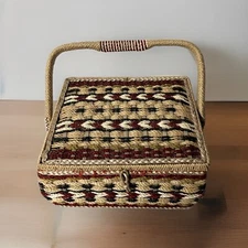 Dritz Sewing Satin Lined Multicolor Woven Wicker Handled Basket Vintage