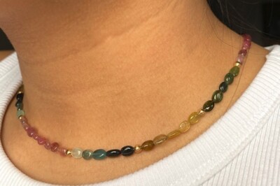 AAA++ Watermelon Multi Tourmaline Smooth Oval Gemstone Beads Women Necklace 18''
