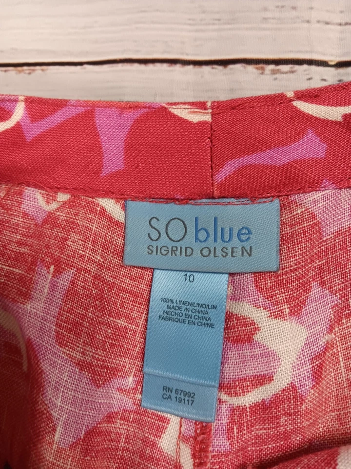 Pantalones boho Sigrid Olsen SO azules para mujer 10 rojos florales 100 % lino tobillo recto Foto 3 de 4