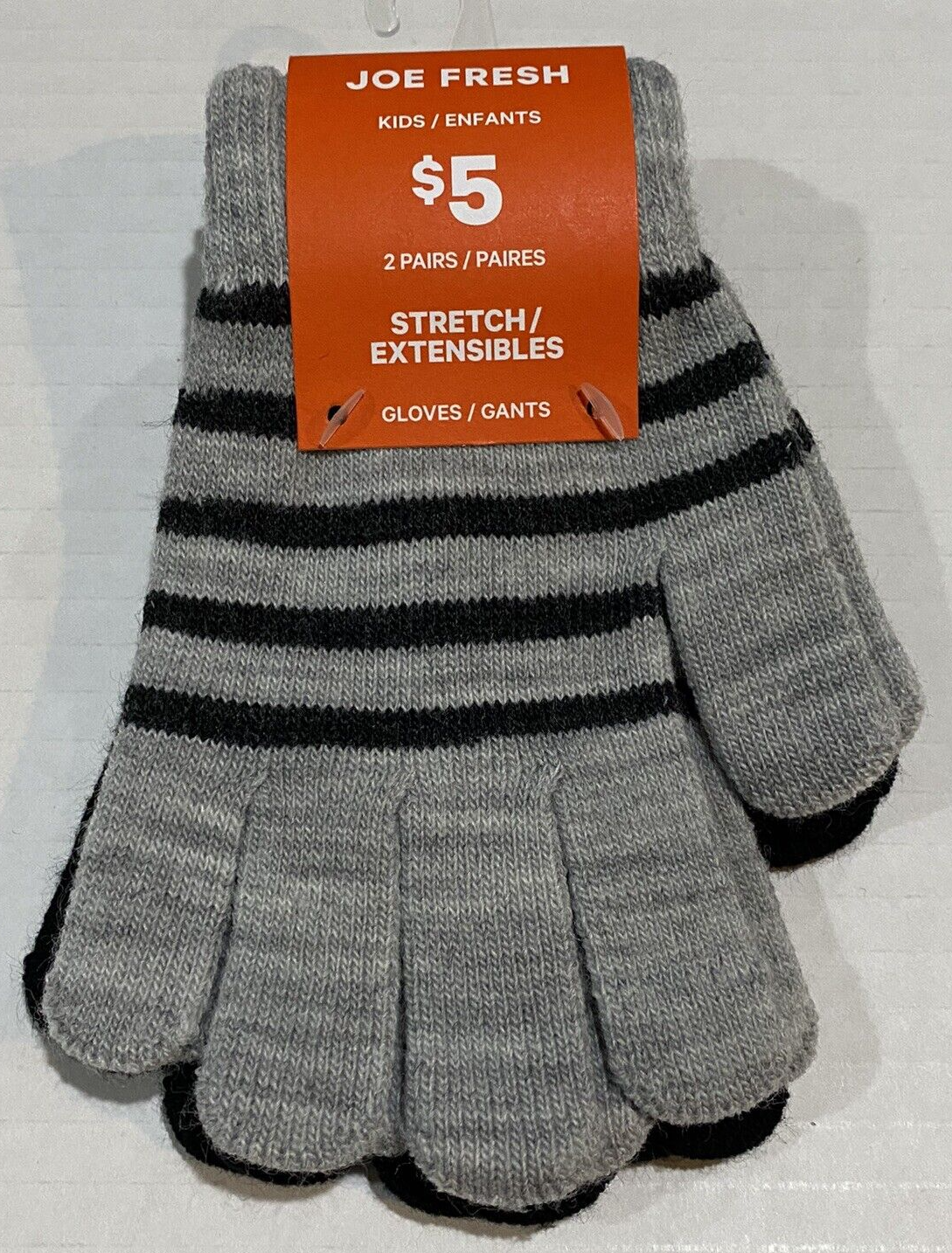 Gloves Black and Gray Striped & Black 2 Pairs Kids NEW-image