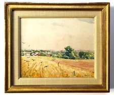Watercolor landscape Hayfield with Crows by Edward B. Gay (1837-1928) listed NY