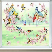 Spring Summer Cherry Blossom Birds Window Clings Pink Flowers Birdhouse Glass