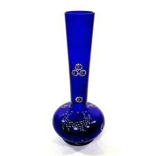 Vintage Cobalt Blue Blown Glass Enameled Hand Painted Vase 8 in