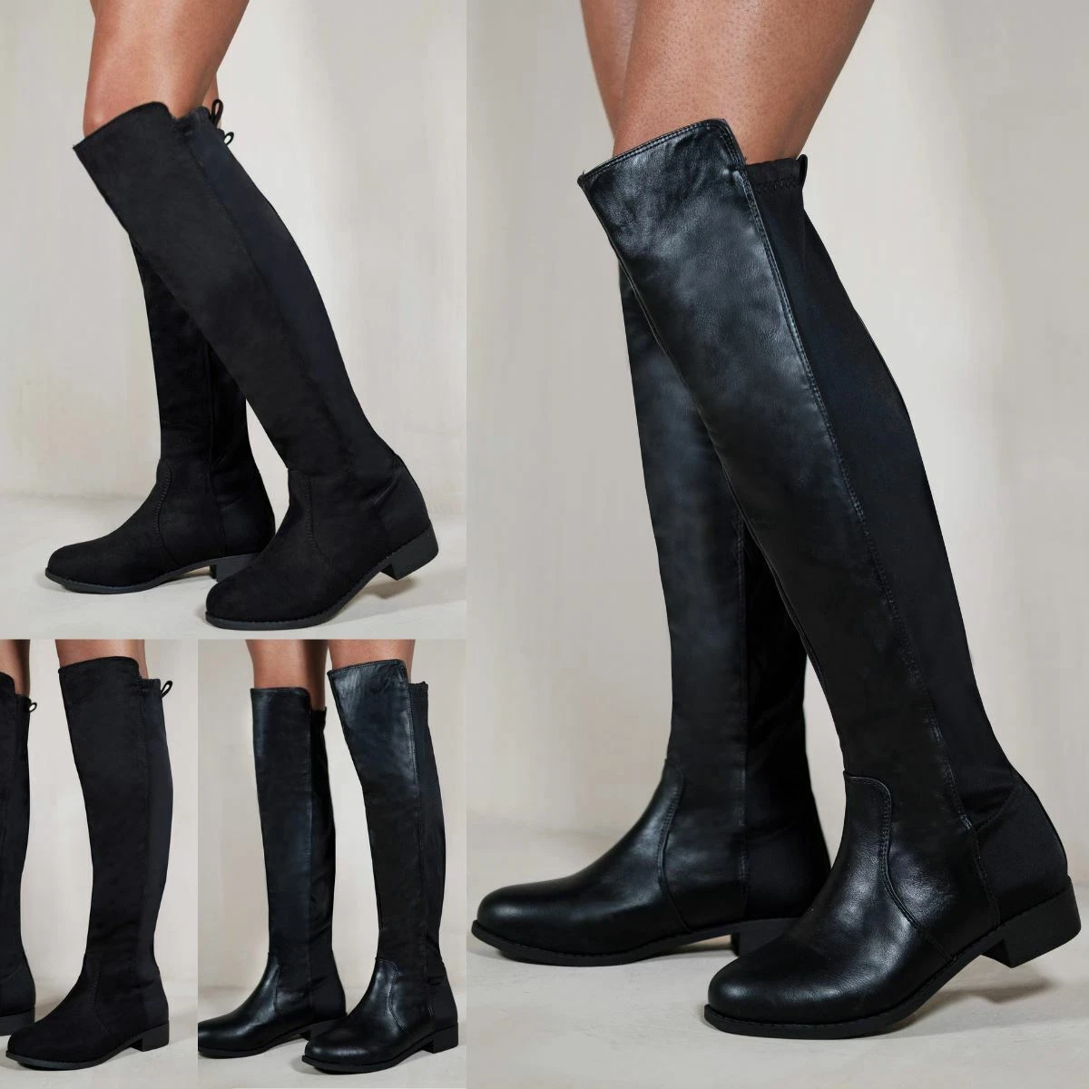 Black Flat Thigh High Over The Knee Boots Womens Studded Stretch Wide Leg  Size | eBay