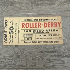$.50 Vintage Unused ROLLER DERBY Tickets SAN DIEGO ARENA  8th & Harbor Drive