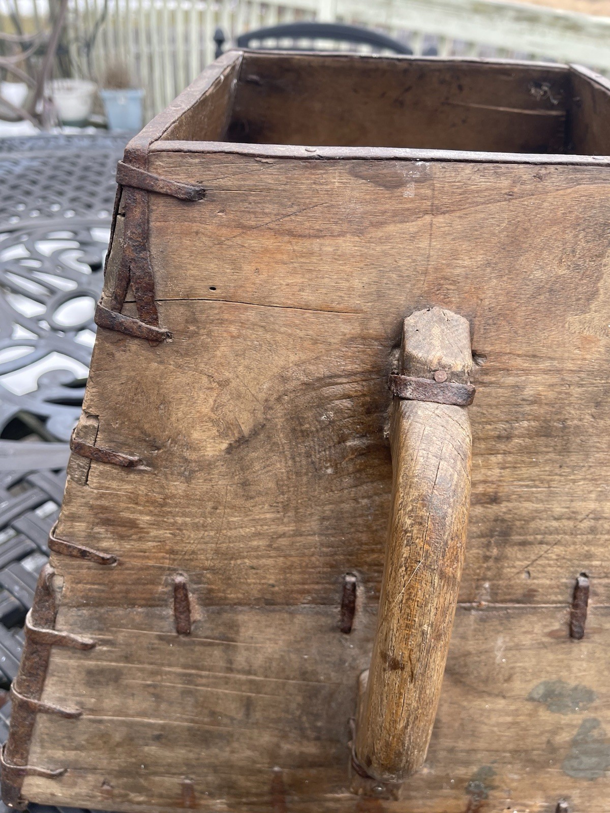 Antique Chinese Wooden Rice Bucket Pail Grain Carrier w/ Iron Bands Orig Writing