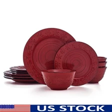 12 Piece Red Snowflake Dinnerware Set Stoneware Rustic Winter Tableware New