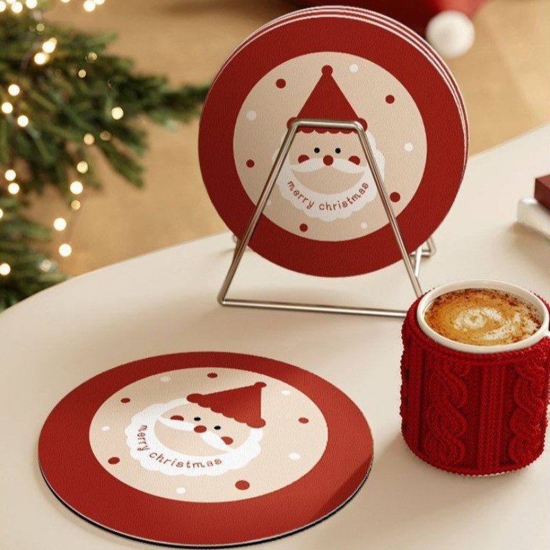 1 Set Christmas Coasters Cartoon Pattern Cup Mats Pads Gift Party Home Decor