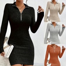 Womens Ribbed Long Sleeve Jumper Dress Ladies Zipper Collar V Neck Mini Dresses