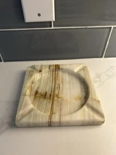Large VTG MCM  Square Alabaster Ashtray Onyx Marble Cigar 4 Slot Translucent 6”