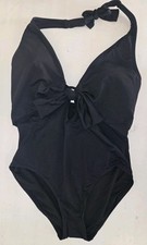 Vince Camuto Tie Front Plunging Halter One Piece Swimsuit Size 12 Black New