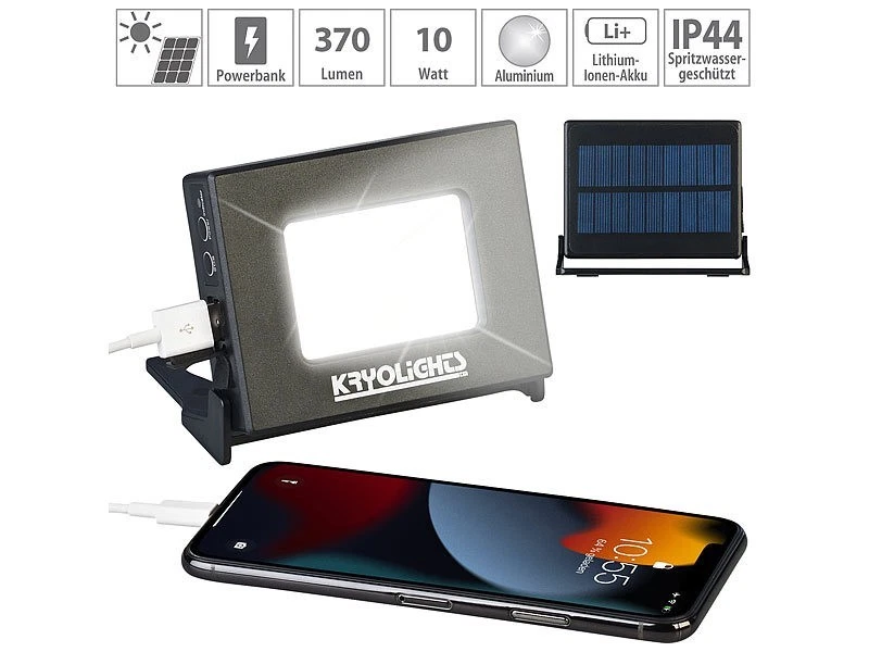 KryoLights 2in1 LED-Fluter 10W 400lm & Powerbank 4000mAh mit Solarpanel IP44 - Bild 2 von 4