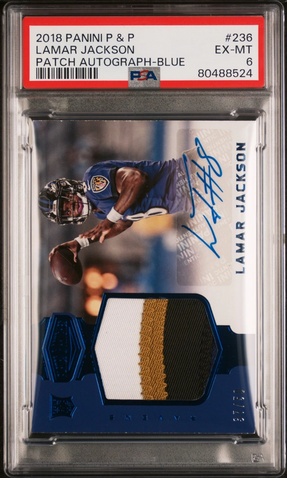 Lamar Jackson Panini Plates & Patches #236 Patch Autograph-Blue