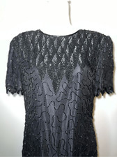 100% Silk Vintage Women’s Black Beaded Open Back MIDI Dress LARGE
