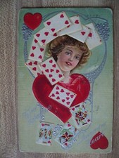 DÍA DE SAN SAN VALENTÍN Hermosa Mujer con Baraja de Corazones Tarjeta Postal en Relieve