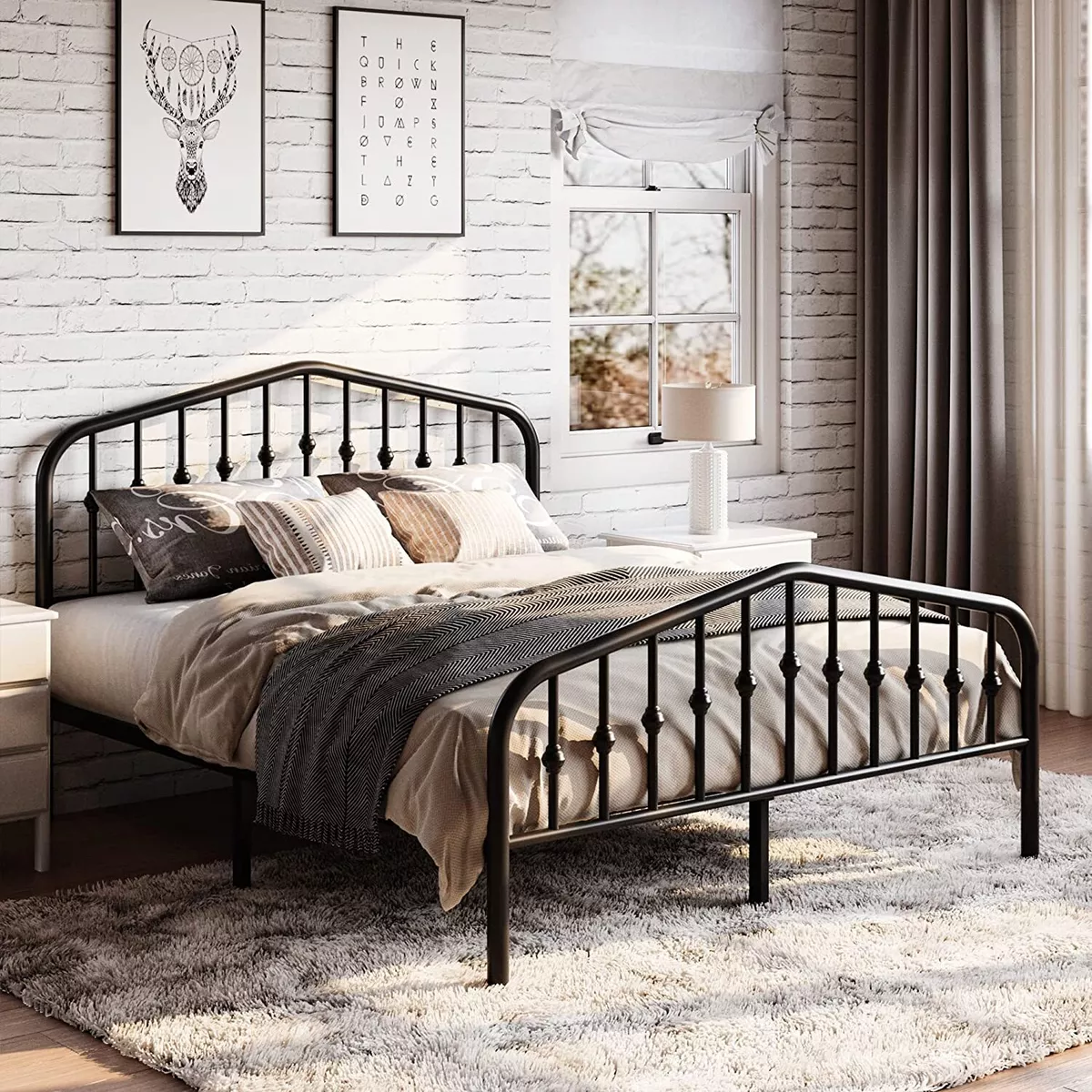 Queen Size Metal Bed Frame with Victorian Style Headboard