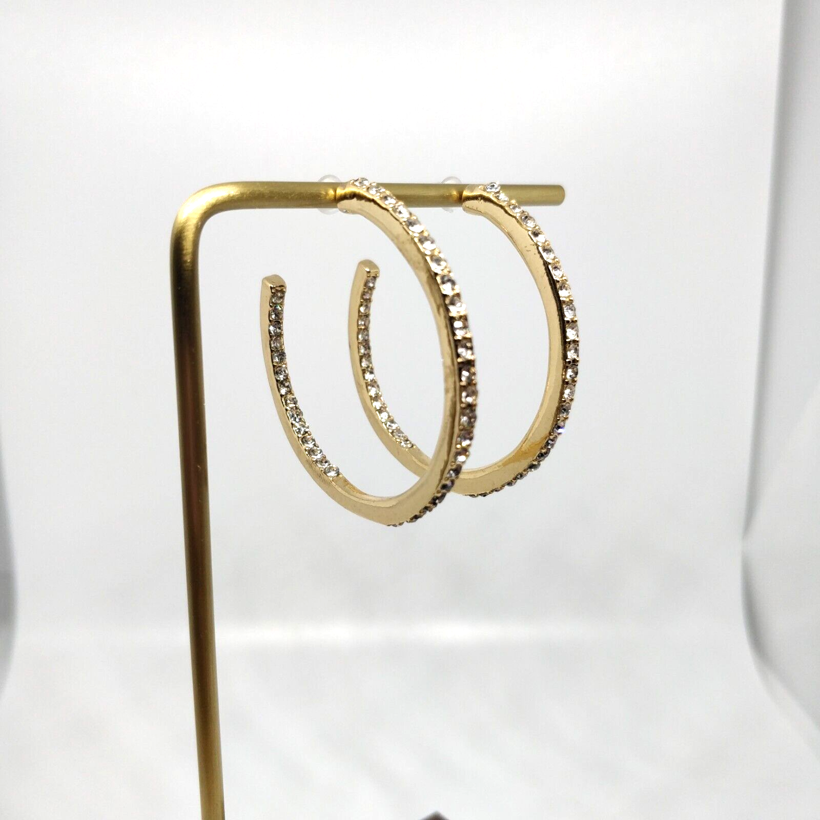 Hoop Earrings Gold Tone With White Rhinestones Double Sided-image
