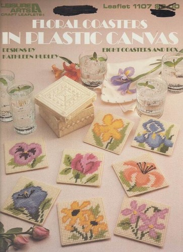 OOP!!! FLORAL COASTERS IN PLASTIC CANVAS 8 COASTERS & BOX