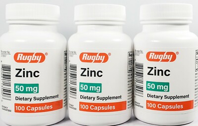 Rugby Zinc 50 mg (Zinc Sulfate 220mg) 100 Capsules -3 Pack -Exp Date 11-2025