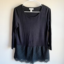 Loft Black Lace Hem 3/4 Sleeve Lightweight Sweater Top Size Small