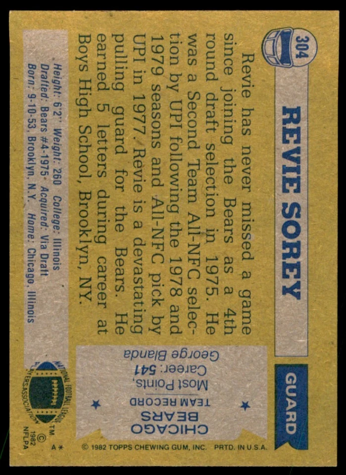 1982 TOPPS REVIE SOREY . CHICAGO BEARS #304 - Image 2 of 2