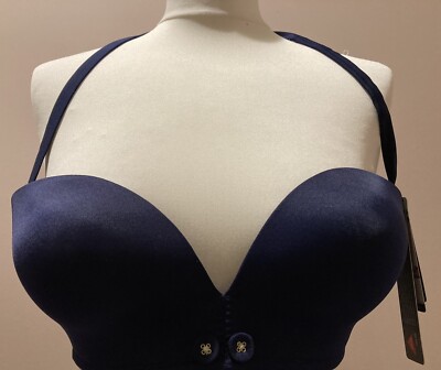 Gossard Bikini Top Size 36D 38C Navy Blue Retro Button Strapless