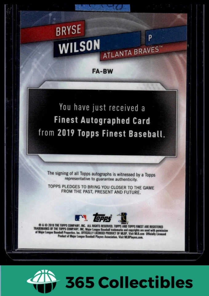 2019 Topps Finest Bryse Wilson Finest Autographs #FA-BW RC AUTO  Atlanta Braves - Image 2 of 2