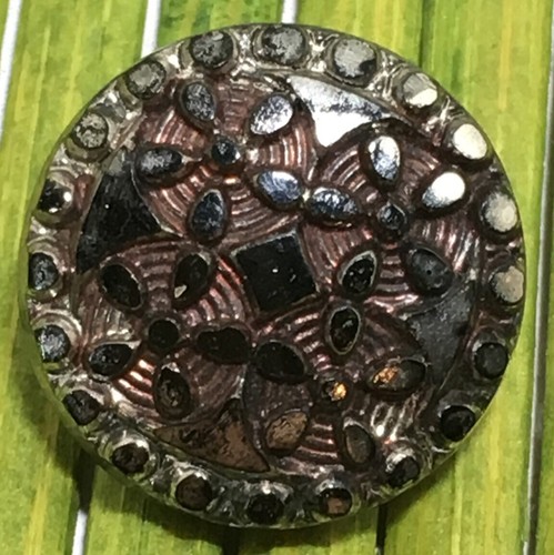 Antique Jet Black Glass Button Pink Foil Embedded Geometric Loop Shank 3/4"