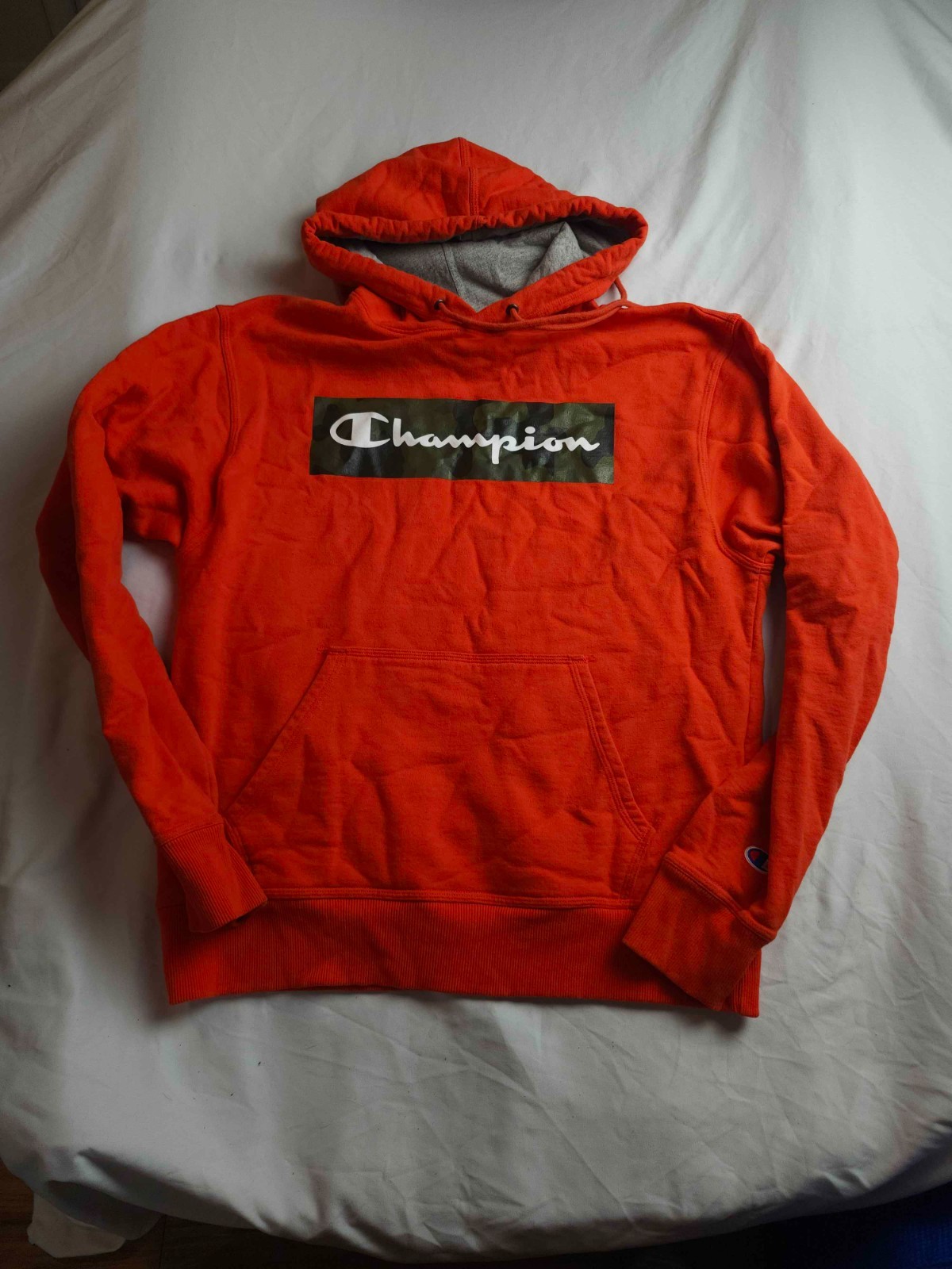 Champion Men's Sweatshirt Orange Camo Box Logo Hoodie Kangaroo Pockets Size M