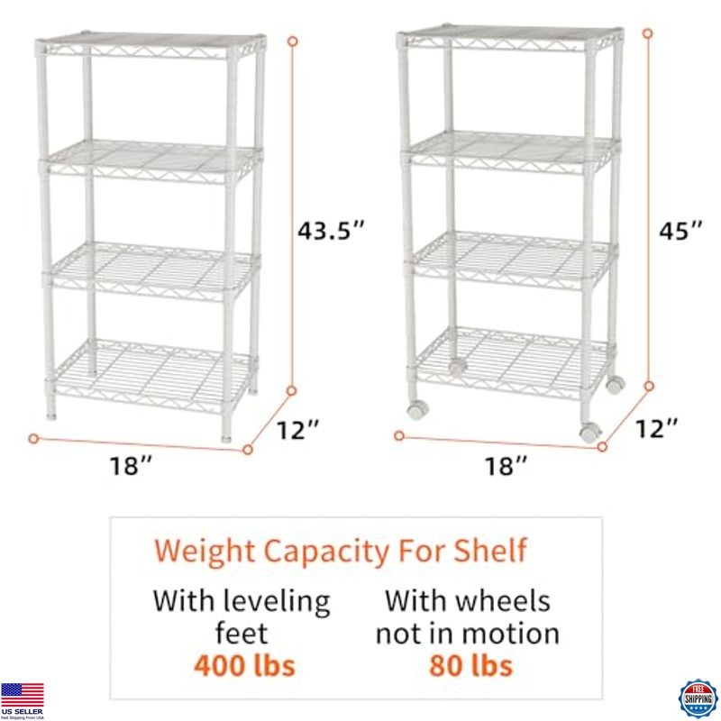 4 Small Adjustable Metal Shelves with Wheels - Storage Unit for Kitchen &