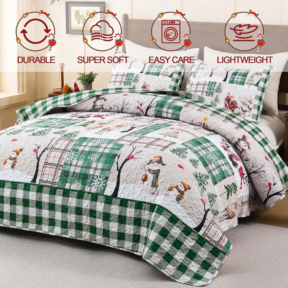 Christmas Quilt Queen Bedding Set, 3 Pieces Rustic Patchwork Quilt Set Reversibl - Image 2 of 4
