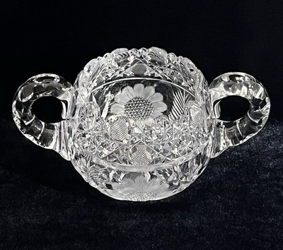 Antique American Brilliant Cut Glass Octagram Design Sugar Bowl Scalloped Edge