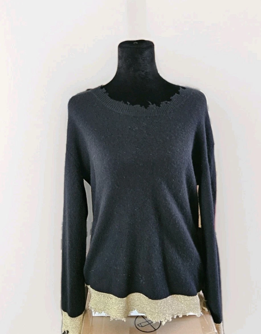 Unisex Sweater Cashmere RTA Black Gold Distressed XS Punk Goth Biker MSRP $595