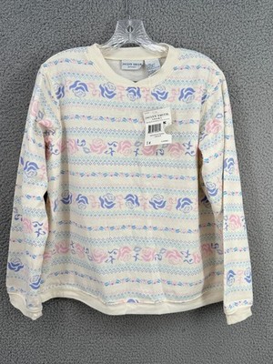 NOS Vtg 90s Flowers Block Stamp Pink Teal Floral Sweatshirt Sz L Grandma Core