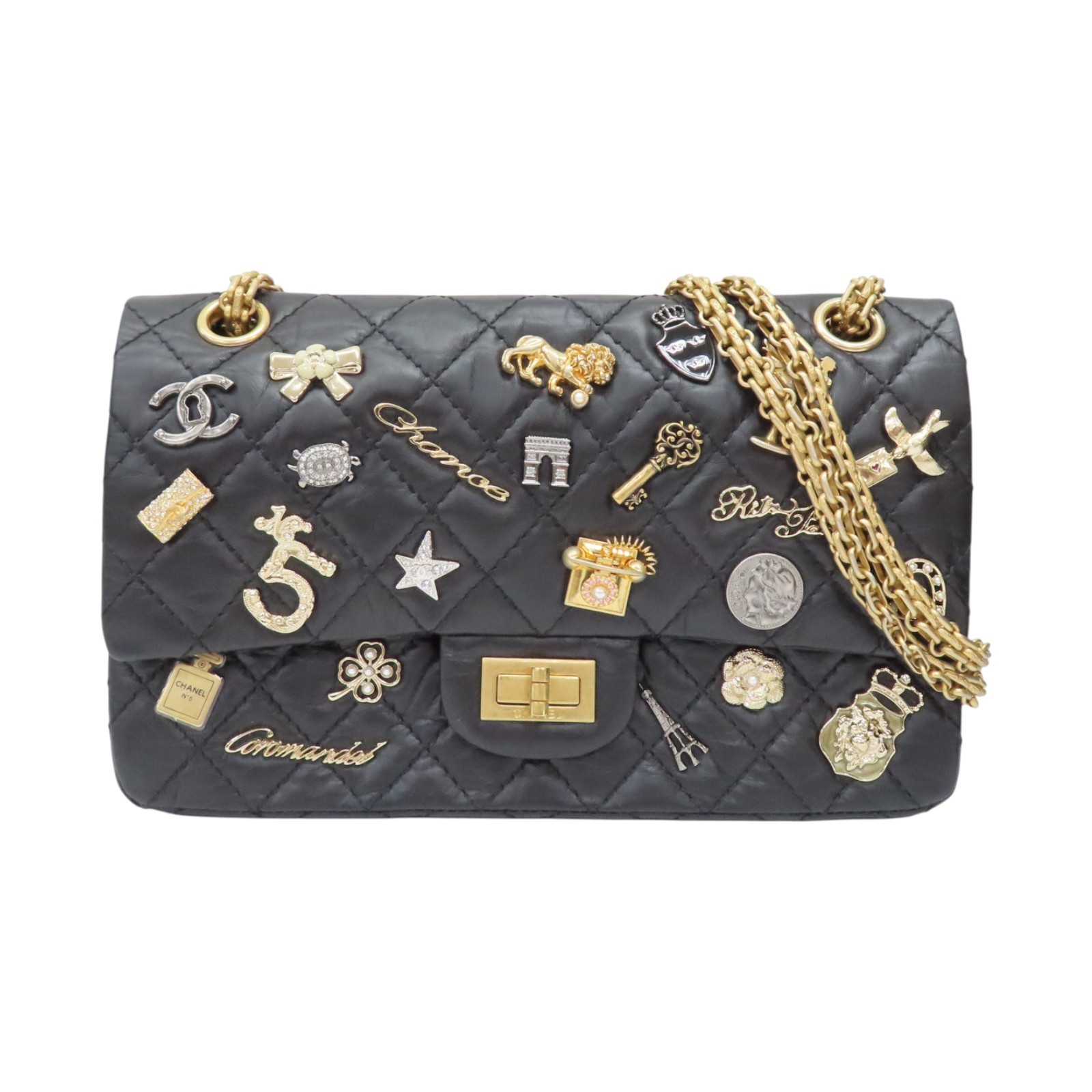 CHANEL Lucky Charms 2.55 Reissue Flap Shoulder Handbag Black Calfskin Leather