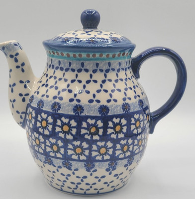 Wiza Polish Pottery Teapot Blue/White Floral Pattern Marked