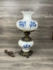 Vintage Gone With The Wind Hurricane Lamp Cobalt Blue Painted Floral Milk Glass