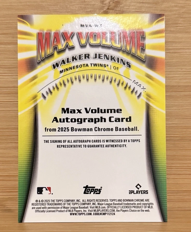 WALKER JENKINS 2025 BOWMAN CHROME MAX VOLUME REFRACTOR AUTO /99 - Image 2 of 2