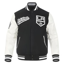Los Angeles Kings Black Body White Leather Letterman Varsity Jacket Men Size L