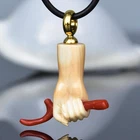 Carved Apricot Shell Raised Fist Pendant Red Coral Gold Vermeil 925 Silver 5.40g