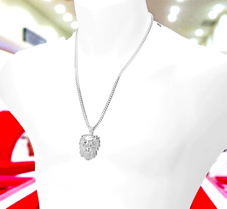 Pingente de leão masculino hip hop iced out CZ banhado a prata corrente cubana 24” - Imagem 2 de 3